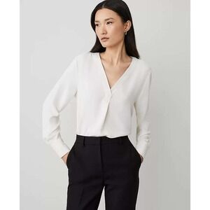 Ann Taylor Womens Ivory V-Neck Pleated Long Sleeve Blouse Top XS White 486651